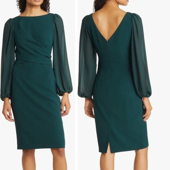 Vince Camuto Sheer Long Sleeve Stretch Crepe Sheath Dress Hunter Green Size 12 - Picture 13 of 13